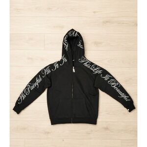 Phora Yours Truly Love Yourself Zip Up Hoodie Black Embroidered Script Med New